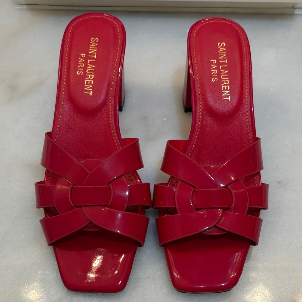 Red patent, block heels.